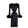 Knitted Dress 2022 Autumn And Winter Design Sense Furry Long-sleeved Tie-up Waist Hips Slim Bottoming Black Casual Dresses