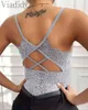 Kobiety Sexy Plunge Backless Koronki Kwiatowy Cami Tank Top Y220308