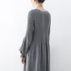 Johnature Autumn Original Design Konstnärlig Puff Sleeve Sweater Klänning Solid Färg Strikkad Tröja Kvinnors One Size Dress 210521