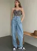 FORYUNSHES BAGGY MOM JEANS女性春の夏の高階段非対称ワイドレッグデニムパンツズボンヴィンテージ服210709