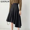 QOERLIN S2XL不規則なハイウエストスカート女性バックジッパーフライハイストリートエレガントな韓国デザインブラックアラインプリーツスカートガール210412