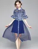 summer fashion Elegant Temperament women short Sleeve turn down collar Bead Hollow Mesh Denim Patchwork dress 210531