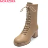 Morazora Botas de Couro Genuíno Botas Espessas de Alto Salto Quadrado Toe Lace Up Botas de tornozelo para Mulher Inverno Sólido Cor Senhoras Sapatos 210506