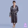 Imitation-Silk Par Robes Kimono Hombre Loose Oversized Långärmad SleepWear Mens Badrock V-Neck Casual Hem Kläder Solid 210524