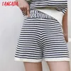 Tangada Kvinnor Elegant Striped Stick Shorts Strethy Midja Kvinna Retro Basic Casual Pantalones AI42 210719