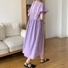 Letnia Koronkowa Szydełka Patchwork Damskie Dresses Puff Rękaw O-Neck Luźna Kobieta A-Line Purple Midi 210428