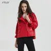 PU Läderjacka Kvinnor Dubbelbröst Flare Sleeve Short Jackor Lady Red Black Bomber Basic Outwear 210423