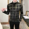 Luxury Golden Plaid Velvet Men T-shirt Turtleneck Toppar Casual Slim Fit Vintage T-shirts Långärmad Streetwear Tees Men Kläder 210527