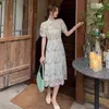 エレガントなビンテージドレス女性半袖花のデザイン甘いミディドレスオフィスレディースドレス韓国サマーシック210521