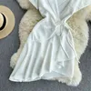 Singreiny chique onregelmatige wrap jurk vrouwen gekerfd nek korte mouw elegante slanke feestjurken zomer Koreaanse mode Midi jurk 210419