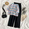 T-shirt da donna adatta 2022 estate coreana a righe larghe manica corta da donna pantaloni a gamba larga set di moda casual abito a due pezzi