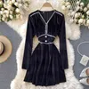 Lady Fashion Velvet Dress Women V-neck Retro Autumn Winter High Waist Thin Long Sleeve Elegant Vestidos Q091 210527