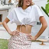 Cotton O-neck sleeve Fashion Loose versatile crop tops Casual white short drawstring summer women T-shirt 210414