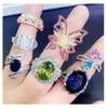 Light Luxury Crystal Zircon Stone Rings Real Gold Plate Colorful Zirconia Finger Heavy Industry Micro Pave S925 Silver Gemstone Jewelry