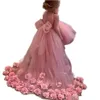 Schattige roze hoge lage bloem meisjes jurken korte voorkant afneembare rokken kinderen hoge nek bruiloft feestjes prom pageant jurk 3D bloemen appliques brithday communie