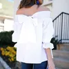 Femmes Automne Mode Chemises Trois Quarts Bow Blanc Slash Cou Hors Épaule Tops Sexy Blouses À Manches Bouffantes 210522