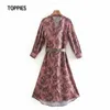 Spring Autumn Print Skirt Dress Belt Fashion Silk Satin V-Neck A-Line Long Sleeve Casual Loose Womens Clothing 210421