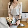Sommer Shirts Frauen Mittleren Ärmeln Weiß Chiffon Bluse Mode Hohl V-ausschnitt Lange Top Weibliche Blusas Mujer 13367 210508