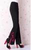Plus size flare broek vrouwen lange hoge taille wide poot bloem borduurwerk casual office slanke heup zwarte broek 210915