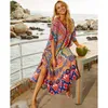 Snabbtorkande Bohemian Tryckt Lös Sommarstrand Klänning Marockansk Kaftan Kvinnor Plus Storlek Beachwear Tassel Midi Q897 210623