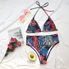 Kvinnors badkläder höga midja vadderade baddräkter kvinnor sexiga sommar två bitar bikini set halter bh topp kort floral beachwear baddräkt