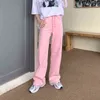 Damskie dżinsy samodzielne marki Streetwear różowy wysoki talia szerokie spodnie nogi rozrywka Baggy Vintage dżinsy Proste mama Dżinsowe spodnie 211111
