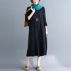 Johnature Sonbahar Kadın Giysileri Eğlence Gevşek Elbise Tam Kol Düğmesi O-Boyun Rahat Düz Renk Tüm Maç Kadın Elbiseler 210521