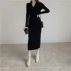 Casual Dresses Sexy V-neck Knitted Dress Women Winter Tight-fitting Pit Stripe High Waist Office Lady Elegant Slim Fashion Sweater Robe