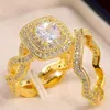 Vintage Female Round Crystal Stone Ring Set Charm Gold Silver Color Wedding Rings For Women Trendy White Zircon Engagement