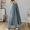 Zomer geplooid chiffon wide poot broek rokken vrouwen solid hoge taille Koreaanse casual elegante losse boho broek 210510