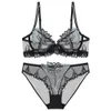 Slips Höschen Honviey Stickerei Mesh Ultra-dünn transparent sexy schwammlose Frauen Unterwäsche Set Lace Hollow weiblich Sommer Bralette L2404