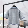 Mulheres de malha houndstooth giro para baixo colarinho camisa polo azul alaranjado manga curta elegante B0328 210514