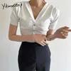 Yitimuceng Button Up T Shirts Woman Tees Puff Sleeve Unicolor White Blue Black Tops Summer Office Lady Knitted Tshirts 210601