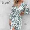 Elegant Groen Blad Print Jurk Sexy Lente Lange Mouwen V-hals Dames Jurken Kantoor Wrap Lace-up A-lijn Vestidos 210621