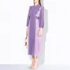 VGH Purple elegante jurk voor vrouwen stand kraag lantaarn lange mouw hoge taille midi geplooide jurken vrouwelijke Koreaanse lente mode 210421