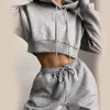 Autumn Fleece Tracksuit Women Two Piece Set Solid Hooded Sweatshirt Crop Top And Pants Jogging Suit Female Clothing Sets Outfits Women's Tra