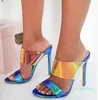 Shinny blue silver strappy high stiletto heels sandals luxury women designer shoes Come With Box size 35 To 40