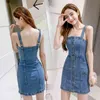 Zomer sexy denim spaghetti riem jurk sundress vintage blauwe zwartloze mouwloze knop feestjurken 13349 210417