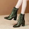 Stiefel Geprägt Echtes Leder Chunky Heels Winter Sexy Kurze Frauen Hohe Knöchel Kleid Party Schuhe Große Größe