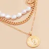 Goth Baroque Pearl Coin Portrait Pendant for Women Vintage Multi Layer Link Chain Necklace Punk Aesthetic Jewelry 2021