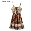 Bohemian Black Floral Impressão Spaghetti Strap Vestido Étnico Mulher Lacing Up Adjustível Cintura Sling Vestidos Praia Vestido 210429