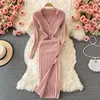 Casual Dresses Orange Long Sleeve Elasticity Bodycon Knitted Dress Women Autumn Winter V Neck Slim Sexy Split Midi Sweater Vestidos