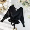 Women Knitted Sweater Tops V-neck Batwing Sleeve Slim With Belt Lady Ruffle Thin Short 210423