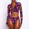Sexy Langarm-Frauen-Badeanzug-Reißverschluss Afrikanische Badebekleidung Rückenfreier Badeanzug Hohe Taille Bikini-Set Brasilianische Beachwear 210520