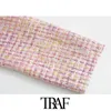 TRAF Women Fashion Patchwork Checked Tweed Jacket Coat Vintage Long Sleeve Frayed Trim Female Outerwear Chic Tops 210415