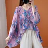 Camicette da donna Camicie Johnature Summer Floral Print Donna Top 2022 Casual con scollo a V Manica a nove quarti Viola Donna irregolare