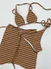 Vintage litery kwiaty bikini strój kąpielowy damski seksowny Spa biustonosz plażowy krótka sukienka 3 szt. zestaw lato podzielone baseny kostiumy kąpielowe moda welurowe stroje kąpielowe