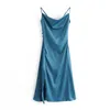 Spaghetti Strap Satin Summer Dress Mulheres Botão V Neck Festa Vestido Longo Lado Split Silk Maxi Azul Vestido Vintage Preto 210415