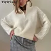 Yiyiyouni Zipper Polo Collar Stickad Oversierad Tröja Kvinnor Höst Vinter Casual Tjocka Pullovers Kvinna Lösa Vit Jumper 210806