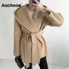 Aachoae Women Solid Color Wool Coats With Belt Long Sleeve Hoodie Pockets Coats Female Chic Elegant Outerwear 211019